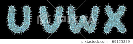 Set of letters made of virus isolated on black background. Capital letter U, V, W, X. 3d rendering. Covid font 69155229