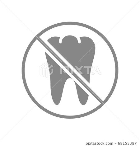 Tooth with prohibition sign gray icon. Transplantation, pull out a tooth symbol. Tooth with prohibition sign gray icon. Transplantation, pull out a tooth symbol. 69155387