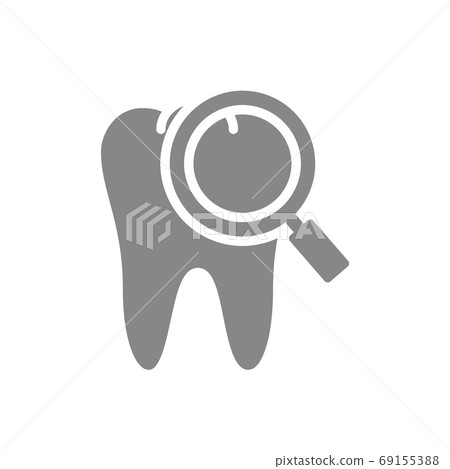 Tooth with magnifying glass gray icon. Organ research symbol. Tooth with magnifying glass gray icon. Organ research symbol. 69155388