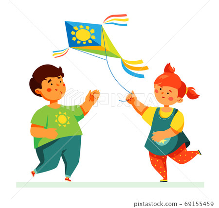 Happy children flying a kite - flat design style illustration 69155459