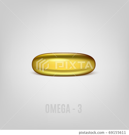 Cosmetic capsule of omega 3 oil or vitamin E, A. Golden antibiotic gel pill icon template. Vector realistic serum droplet of collagen essence. Cosmetic capsule of omega 3 oil or vitamin E, A. Golden antibiotic gel pill icon template. Vector realistic serum droplet of collagen essence. 69155611