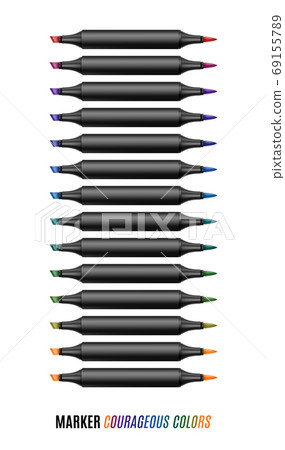 Set of bright markers on a white background. Courageous colors markers. Realistic vector illustration. Set of bright markers on a white background. Courageous colors markers. Realistic vector illustration. 69155789
