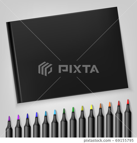 Markers with sketchbook. Template for your illustration. Vector illustration. Markers with sketchbook. Template for your illustration. Vector illustration. 69155795