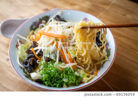 japanese vegetable miso ramen on wooden table japanese vegetable miso ramen on wooden table 69156059