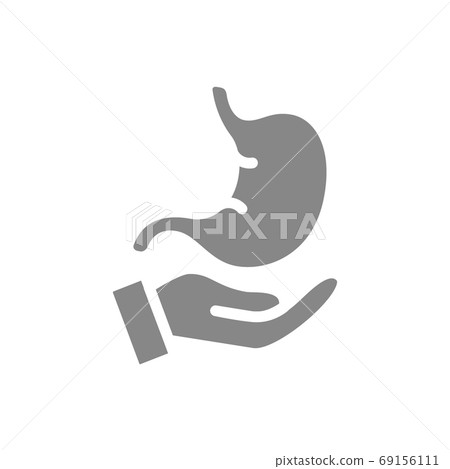 Human stomach on hand grey icon. Care, disease prevention symbol Human stomach on hand grey icon. Care, disease prevention symbol 69156111