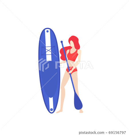 Girl with sup board and paddle, vector 69156797