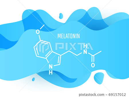 Melatonin structural chemical formula with blue liquid fluid gradient shape with copy space on white background 69157012