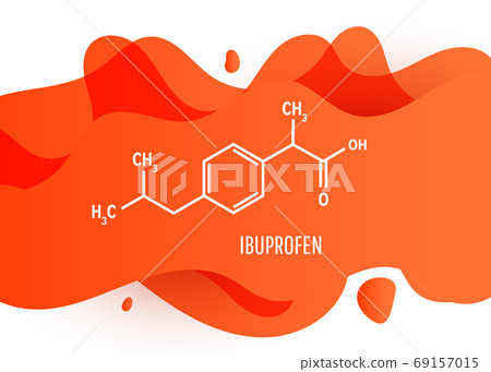 Ibuprofen chemical molecule structure with liquid fluid gradient shape with copy space on white background 69157015