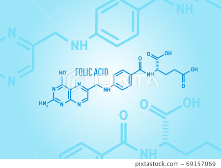 Folic acid or vitamin b9 chemical formula on a blue medical background with molecules for article, banner or presentation. Vector illustration 69157069