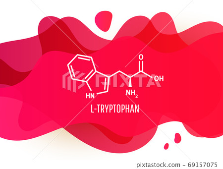 Tryptophan skeletal formula and structure on red medical background with molecules for article, banner or presentation. Vector illustration 69157075