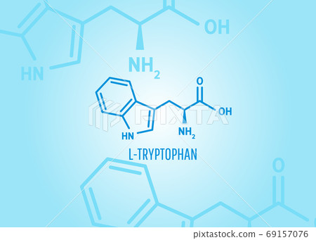 L-Tryptophan structural formula on blue medical background with molecules for article, banner or presentation. Vector illustration 69157076