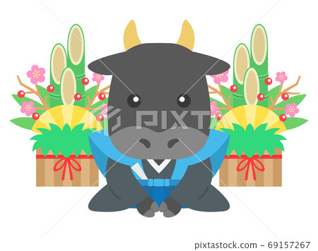 Illustration of a cow wearing a kimono and greeting Illustration of a cow wearing a kimono and greeting 69157267