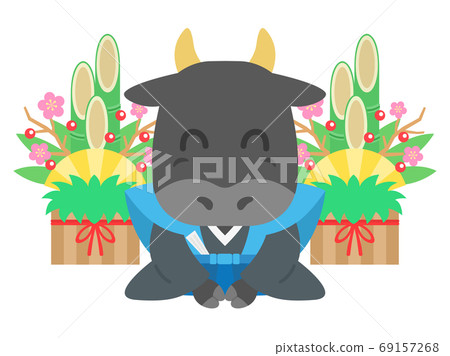 一頭牛，穿著和服和問候的插圖 69157268