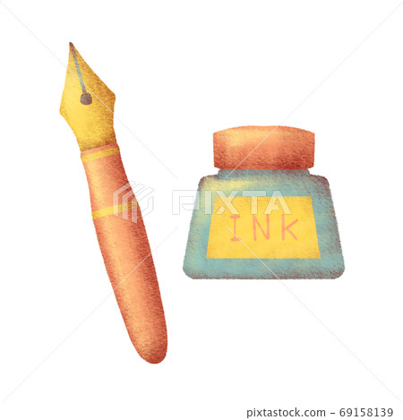 Fountain pen and ink bottle drawn in pastel 69158139