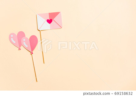Photo booth props isolated on pink background. Top view. Funny invitation 69158632