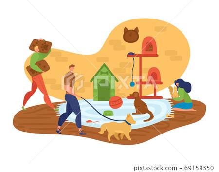 Volunteers, people to help animals, pet care, dog charity concept, design cartoon style vector illustration, isolated on white. Volunteers, people to help animals, pet care, dog charity concept, design cartoon style vector illustration, isolated on white. 69159350