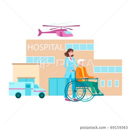 Hospital lettering, caring doctor, virus treatment, infectious disease, emergency, cartoon vector illustration, isolated on white. Hospital lettering, caring doctor, virus treatment, infectious disease, emergency, cartoon vector illustration, isolated on white. 69159363