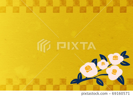 Showa retro white camellia, indigo leaves, upper and lower watermark grid on gold Showa retro white camellia, indigo leaves, upper and lower watermark grid on gold 69160571