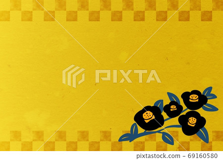 Showa retro camellia, black, upper and lower watermark grid on gold Showa retro camellia, black, upper and lower watermark grid on gold 69160580