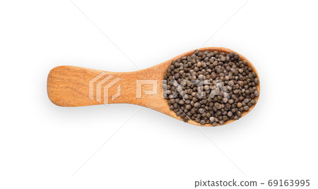 Perilla herb seed in wood spoon isolated on white background. Top view Perilla herb seed in wood spoon isolated on white background. Top view 69163995