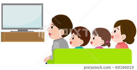 Illustration of a family of 4 laughing at the TV screen Illustration of a family of 4 laughing at the TV screen 69166019