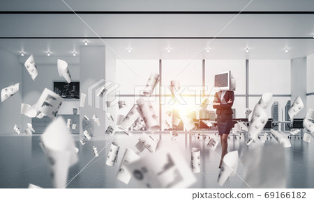 Business woman with monitor instead of head. Business woman with monitor instead of head. 69166182