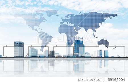 Concept of global communication and networking with world map over cityscape Concept of global communication and networking with world map over cityscape 69166904