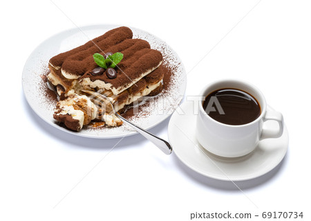 portion of Classic tiramisu dessert and cup of fresh espresso coffee isolated on white background with clipping path portion of Classic tiramisu dessert and cup of fresh espresso coffee isolated on white background with clipping path 69170734