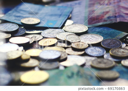 Close up view on central asian kazakh currencies banknotes and coins 69170863