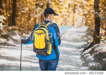 young woman walks in a autumn pinewood. young woman walks in a autumn pinewood. 69171086