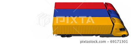 Trailer trucks form flag of Armenia on white background. 3d rendering 69171301