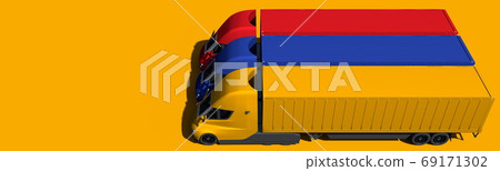 Semi-trailer trucks form flag of Armenia on orange background. 3d rendering Semi-trailer trucks form flag of Armenia on orange background. 3d rendering 69171302