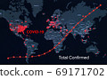 COVID-19 coronavirus pandemic with a graph of infection growth on the global map with red dots of infection centers. COVID-19 coronavirus pandemic with a graph of infection growth on the global map with red dots of infection centers. 69171702