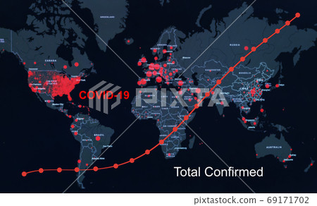 COVID-19 coronavirus pandemic with a graph of infection growth on the global map with red dots of infection centers. COVID-19 coronavirus pandemic with a graph of infection growth on the global map with red dots of infection centers. 69171702