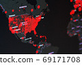 COVID-19 coronavirus pandemic on the global map of the United States with red dots of infection centers, New York. COVID-19 coronavirus pandemic on the global map of the United States with red dots of infection centers, New York. 69171708