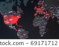 COVID-19 coronavirus pandemic on the global map with red dots of infection centers. COVID-19 coronavirus pandemic on the global map with red dots of infection centers. 69171712
