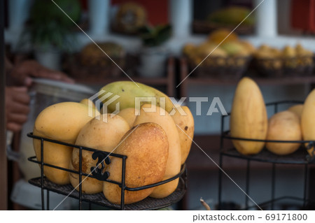 Yellow mango fruit in a basket at a street stall on Boracay island, Philippines. 69171800