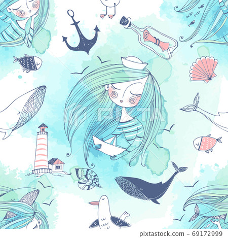 Seamless pattern on the sea theme with cute...-插圖素材[69172999