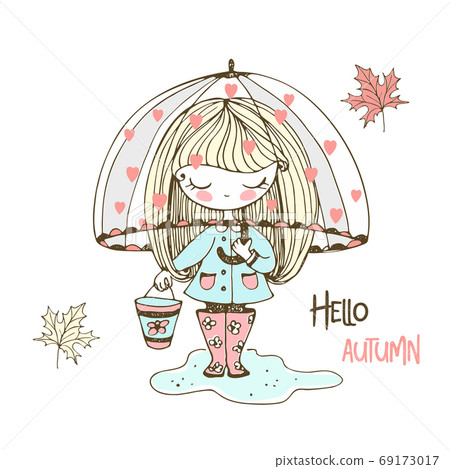 A cute little girl in rubber boots walks through puddles under an umbrella. Vector 69173017