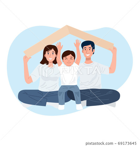 Happy family holding roof mockup over their heads. Vector 69173645