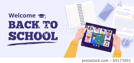 Back to school concept. Top view of a boy learning with tablet at home. Vector Back to school concept. Top view of a boy learning with tablet at home. Vector 69173801