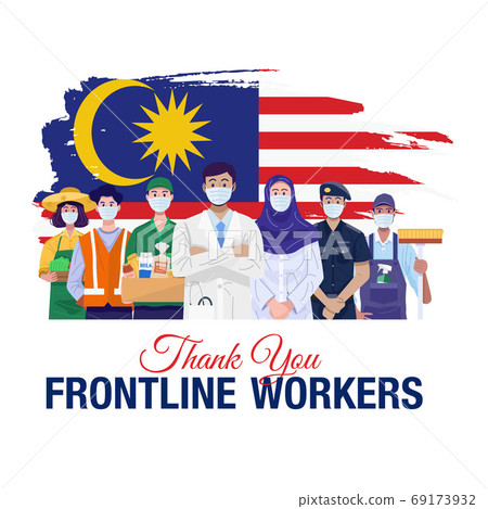 Thank you frontline workers. Various occupations people standing with flag of Malaysia. Vector Thank you frontline workers. Various occupations people standing with flag of Malaysia. Vector 69173932