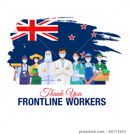 Thank you frontline workers. Various occupations people standing with flag of New Zealand. Vector Thank you frontline workers. Various occupations people standing with flag of New Zealand. Vector 69173933