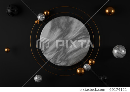 3d rendering abstract minimal design with marble circle, gold ring, gold and marble balls on black background. 69174121