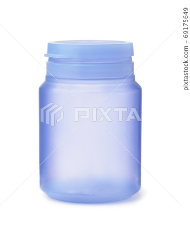 Front view of blue empty plastic jar Front view of blue empty plastic jar 69175649