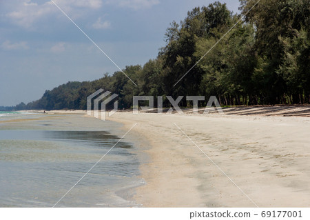 Boy playing with sand at the beach on summer 69177001
