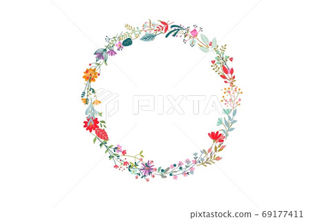 Meadow flowers in wreath on white background. 69177411