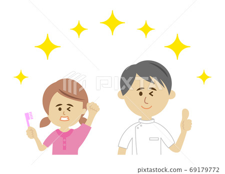 Illustration image of a child praised by a dentist for good tooth brushing 69179772