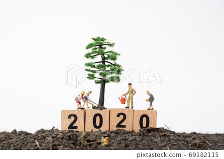 Gardeners  take care of a  tree on wooden block number 2020 69182115