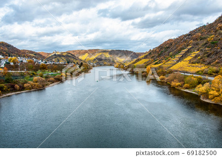 mosele river wineyard germany rhineland palantino Beautiful orange and red autumn forest and wine plants mosele river wineyard germany rhineland palantino Beautiful orange and red autumn forest and wine plants 69182500